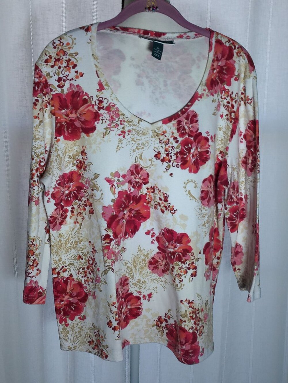 KAREN SCOTT Blouse V-Neck Pink & Red Floral Design NWOT XL